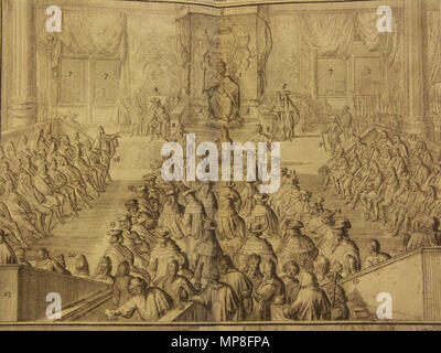 KONICA MINOLTA FOTOCAMERE DIGITALI . Inglese: "Rappresentanza du Parlament d'Angleterre, les chambres...", una incisione su rame dal "Atlas historique ou nouvelle introduzione á l'histoire, à la géographique ancienne & moderne,' Châtelain, Amsterdam, 1708 A.D. 1708. Châtelain, Amsterdam 1054 Rappresentanza du Parlament d'Angleterre, les chambres.. Foto Stock