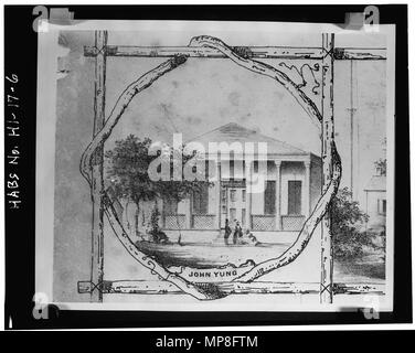 . Inglese: 6. Vista frontale, 1853 (dalla litografia da Paolo Emmert, originale in Hawaii Archivi di Stato. Fotocopia fatta per HABS nel 1966) - Queen Emma's Summer Palace, 2913 Pali autostrada, Honolulu, Honolulu County, HI. . 1853. 735 John Young's House da Paolo Emmert Foto Stock