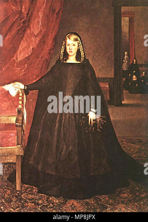 Spagnolo: La emperatriz Margarita de Austria Imperatrice Doña Margarita de Austria in abito di lutto. Inglese: Il sitter è Margherita di Spagna, prima moglie di Leopoldo I, Imperatore del Sacro Romano Impero, indossando abiti di lutto per suo padre, Filippo IV di Spagna, con i bambini e gli operatori in abito di lutto. . 1666. 747 Juan Bautista Martinez del Mazo Foto Stock