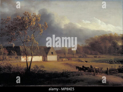 750 En sjaellandsk bondegård sotto et optraekkende uvejr. Eigaard ved Ordrup Foto Stock