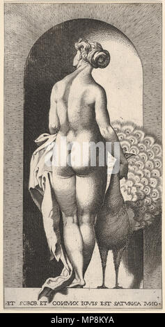 . Inglese: Juno in piedi in una nicchia, visto da dietro, accarezzare un pavone alla sua destra, da una serie di divinità mitologiche e dee . 1526. 752 Juno Caraglio Foto Stock