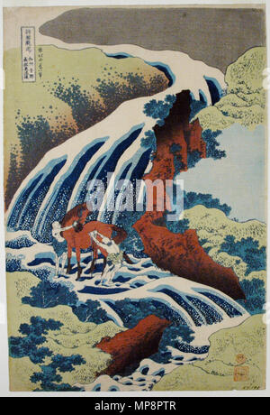 . Inglese: il numero di accessione: 1957.192 Visualizza artista: Katsushika Hokusai Visualizza titolo: "La Cascata dove Yoshitsune lavato il suo cavallo a Yoshino, Yamato Provincia" la traduzione(s): Washu Yoshino Yoshitsune uma arai no taki Titolo serie: un tour delle cascate nelle province nome Suite: Shokoku taki meguri Data di creazione: 1831-1834 medie: Woodblock Altezza: 15 1/4 in. Larghezza: 10 3/8 in. Dimensioni display: 15 1/4 in. x 10 3/8 in. (38.74 cm x 26,35 cm): Editore Nishimuraya Yohachi linea di credito: lascito della signora Cora Timken Burnett copia etichetta: "I contadini lo scrubbing loro cavallo sotto il torrent o Foto Stock