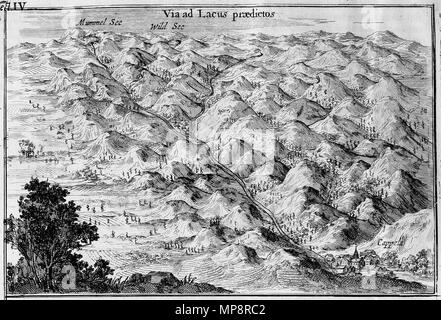 . Inglese: Mummelsee, Wildsee, Kappelrodeck da Athanasius Kircher, Mundus subterraneus, terza edizione, lib. VIII. DE ANIMALIBUS SUBTERRANEIS, p. 112, copia del Tisch Library . 1678. Athanasius Kircher 766 Kircher - Mundus subterraneus p558 - Kappelrodeck Mummelsee Wildsee Foto Stock
