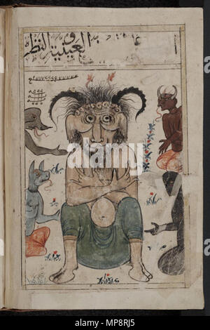 . Inglese: demoni. Kitab al-Bulhan = astrologia composito/astronomia/geomanzia manoscritto arabo. Originale detenuto dalle librerie di Bodleian segnatura; MS. Bodl. O. 133. Fol. 28b . Fine del XIV secolo. Più/Sconosciuto 767 Kitab al-Bulhan -- diavolo Foto Stock