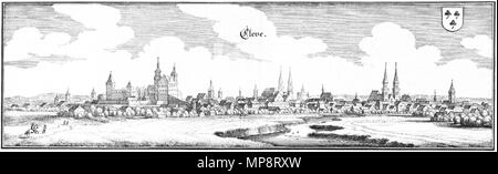 . Deutsch: Kupferstich der Kleves Stadtansicht von Matthäus Merian. Veröffentlicht in "Topographia" Germaniae" banda "Topographia" Westphaliae' von 1647. Scansione Dieser wurde von einem Faksimile-Druck erstellt, der 1961 Bärenreiter-Verlag im, Kassel erschienen ist und basiert auf dem Orginalband. Inglese: rame-incisione con la vista sulla forcella da Matthäus Merian. Pubblicato in "Topographia" Germaniae" edizione: "Topographia" Westphaliae' nel 1647. Questa scansione è stata fatta da un facsimile-stampa pubblicato nel 1961 da Bärenreiter, Kassel basata sull'edizione originale. 1647/1961. Matthäus Merian (1593-1650) Foto Stock