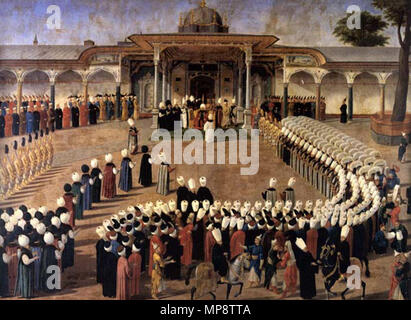 . Sultan Selim III tenendo un pubblico davanti al cancello della felicità. Cortigiani sono assemblati in un protocollo rigoroso. Olio su tela. Topkapı Sarayı Müzesi, Istanbul (Inv. 17/163) . tra 1789 e 1807. Konstantin Kapıdağlı 773 Konstantin Kapidagli 001 Foto Stock