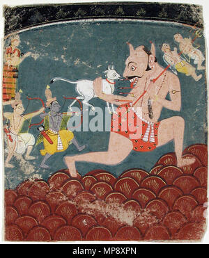 . Inglese: Titolo serie: Rama di viaggio nome Suite: Ramayana Data di creazione: ca. 1650 Dimensioni display: 7 7/32 in. x 6 5/32 in. (18,3 cm x 15,6 cm) Linea di credito: Edwin Binney terza raccolta numero di adesione: 1990.954 Collezione: <a href='http://www.sdmart.org/art/our-collection/asian-art' rel="nofollow">Il San Diego Museum of Art</a> . Il 7 settembre 2001, 15:28:25. Inglese: thesandiegomuseumofartcollection 1041 Rama e Lakshmana attaccare un demone gigante con arco e frecce (6124574383) Foto Stock