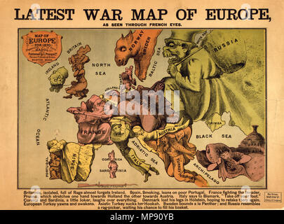 . Inglese: un giornale satirico francese cartoon Mappa di Europa nel 1870. "Britannia, piena di Rage quasi dimentica l'Irlanda. Spagna, fumo, si appoggia sui poveri del Portogallo. Francia lotta contro l'invasore, la Prussia, il quale si allunga una mano verso Olanda e l altra verso l'Austria. Italia dice a Bismark, "Togliere il piede." La Corsica e la Sardegna, un po' di Joker, ride su tutto. La Danimarca ha perso le sue gambe in Holstein, sperando di poter ricominciare di nuovo. Turchia europea sbadigli e risveglia. La Turchia asiatica succhia il suo narghilè. La Svezia confina con un La Panther; e la Russia assomiglia ad un selezionatore di Rag, attesa la sua possibilità di riempire il suo cesto." . Foto Stock