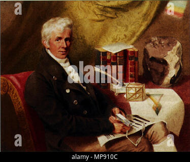 Ritratto di James Sowerby (1757-1822). Si tratta di una immagine digitale trovata in [1], che riproduce le immagini e una copia di JAMES SOWERBY, le sue pubblicazioni e collezioni Lawrence H. Conklin, un articolo che è comparso in Record mineralogica, volume 26, luglio-agosto, 1995. Il sig. James Sowerby, Illustrator e biologo, è rappresentata dal sig. Heaphy, artista come seduto con i documenti, apparecchiatura e un famoso campione noto come descritto come il meteorite dello Yorkshire. 1816. 694 James Sowerby da Heaphy (1816) Foto Stock