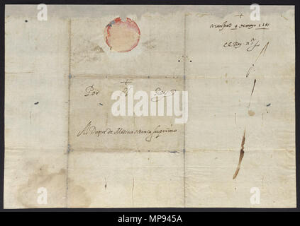 Русский: Письмо с подписью, адресовано герцогу Медина-Сидония, с инструкциями относительно предполагаемых намерений английской эскадры под командованием Дрейка, которая, судя по отчетам и донесениям, атаковала Кадис Français : Lettre signée, au Duc de Medina Sidonia, donnant des istruzioni au vu des intenzioni de l'escadron anglais Sous les ordres de Drake d'attaquer alors Cadix inglese: lettera firmata, al Duca di Medina Sidonia, dando istruzioni in vista del previsto le intenzioni del squadrone inglese sotto Drake segnalato per essere poi attacca Cadice 中文: 由于德雷克报告中指出英国中队意欲攻击加的斯，这封致麦地那·西 Foto Stock