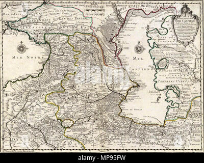 . Français : Carte des Pays voisins de la Mer Caspiene, dressee pour l'usage du Roy. Sur la carte de cete Mer, faite par l'Ordre du Zar, sur les manuscrits Memoires de Soskam-Sabbas, Principe de Georgie, sur ceux de la Sig.ra Crusius, Zurabek, et Fabritius Ambassadeurs a la Cour de Perse et sur les eclaircissemens tirez d'onu grand nombre de persone intelligentes du pais. Assujetie aux osservazioni astronomiques. Par Guillaume Delisle, Premier Geographe du Roy, de l'Academie Royale des Sciences. 15 Aout 1723. Marin sculpsit. A Parigi, chez le Suor Delisle, Quay de l'Horloge. 1723. Guillaume Delisle Foto Stock