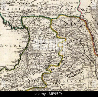 . Français : Carte des Pays voisins de la Mer Caspiene, dressee pour l'usage du Roy. Sur la carte de cete Mer, faite par l'Ordre du Zar, sur les manuscrits Memoires de Soskam-Sabbas, Principe de Georgie, sur ceux de la Sig.ra Crusius, Zurabek, et Fabritius Ambassadeurs a la Cour de Perse et sur les eclaircissemens tirez d'onu grand nombre de persone intelligentes du pais. Assujetie aux osservazioni astronomiques. Par Guillaume Delisle, Premier Geographe du Roy, de l'Academie Royale des Sciences. 15 Aout 1723. Marin sculpsit. A Parigi, chez le Suor Delisle, Quay de l'Horloge. 1723. Guillaume Delisle Foto Stock