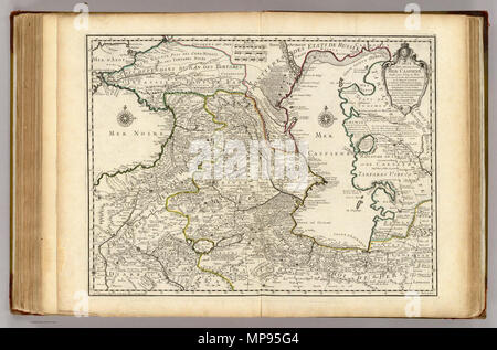 . Français : Carte des Pays voisins de la Mer Caspiene, dressee pour l'usage du Roy. Sur la carte de cete Mer, faite par l'Ordre du Zar, sur les manuscrits Memoires de Soskam-Sabbas, Principe de Georgie, sur ceux de la Sig.ra Crusius, Zurabek, et Fabritius Ambassadeurs a la Cour de Perse et sur les eclaircissemens tirez d'onu grand nombre de persone intelligentes du pais. Assujetie aux osservazioni astronomiques. Par Guillaume Delisle, Premier Geographe du Roy, de l'Academie Royale des Sciences. 15 Aout 1723. Marin sculpsit. A Parigi, chez le Suor Delisle, Quay de l'Horloge. 1723. Guillaume Delisle Foto Stock