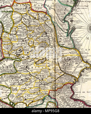 . Français : Carte des Pays voisins de la Mer Caspiene, dressee pour l'usage du Roy. Sur la carte de cete Mer, faite par l'Ordre du Zar, sur les manuscrits Memoires de Soskam-Sabbas, Principe de Georgie, sur ceux de la Sig.ra Crusius, Zurabek, et Fabritius Ambassadeurs a la Cour de Perse et sur les eclaircissemens tirez d'onu grand nombre de persone intelligentes du pais. Assujetie aux osservazioni astronomiques. Par G. Delisle, Geog. de l'Acad. Roy. des Scien. A Amsterdam, Chez Jean conciliaboli et Corneille Mortier, Geographes. (1742) . 1742. Guillaume Delisle (1675-1726) nomi alternativi DE L' Foto Stock