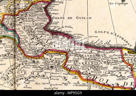 . Français : Carte des Pays voisins de la Mer Caspiene, dressee pour l'usage du Roy. Sur la carte de cete Mer, faite par l'Ordre du Zar, sur les manuscrits Memoires de Soskam-Sabbas, Principe de Georgie, sur ceux de la Sig.ra Crusius, Zurabek, et Fabritius Ambassadeurs a la Cour de Perse et sur les eclaircissemens tirez d'onu grand nombre de persone intelligentes du pais. Assujetie aux osservazioni astronomiques. Par G. Delisle, Geog. de l'Acad. Roy. des Scien. A Amsterdam, Chez Jean conciliaboli et Corneille Mortier, Geographes. (1742) . 1742. Guillaume Delisle (1675-1726) nomi alternativi DE L' Foto Stock