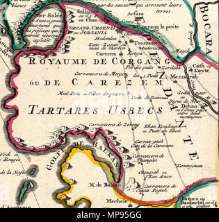 . Français : Carte des Pays voisins de la Mer Caspiene, dressee pour l'usage du Roy. Sur la carte de cete Mer, faite par l'Ordre du Zar, sur les manuscrits Memoires de Soskam-Sabbas, Principe de Georgie, sur ceux de la Sig.ra Crusius, Zurabek, et Fabritius Ambassadeurs a la Cour de Perse et sur les eclaircissemens tirez d'onu grand nombre de persone intelligentes du pais. Assujetie aux osservazioni astronomiques. Par G. Delisle, Geog. de l'Acad. Roy. des Scien. A Amsterdam, Chez Jean conciliaboli et Corneille Mortier, Geographes. (1742) . 1742. Guillaume Delisle (1675-1726) nomi alternativi DE L' Foto Stock