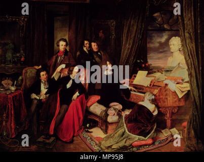 Franz Liszt fantasticando al pianoforte. Inglese: un dipinto di Franz Liszt giocando in un salone parigino un pianoforte a coda da Conrad Graf , che ha commissionato il dipinto; sul pianoforte è un busto di Ludwig van Beethoven da Anton Dietrich; la raccolta immaginato mostra seduto Alexandre Dumas (père), George Sand, Franz Liszt e Marie d'Agoult; standing Hector Berlioz o Victor Hugo, Niccolò Paganini, Gioachino Rossini; un ritratto di Byron sulla parete e una statua di Giovanna d'arco sulla sinistra. Posizione corrente: Staatliche Museen zu Berlin - Stiftung Preußischer Kulturbesitz, Alte Nationalgalerie F.V. 42[1] Foto Stock