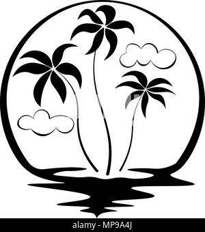 Tre palme circondato da sole e spiaggia di acqua in bianco e nero e il logo bianco Illustrazione Vettoriale