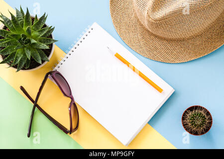 Il blocco note di bianco, verde cactus e piante succulente, viola occhiali e cappello di paglia su sfondo colorato. Foto Stock