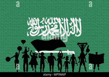 Sostenitore araba silhouette di fronte a un muro di mattoni con la bandiera dell'Arabia Saudita. Tutti gli oggetti, sagome e il muro di mattoni sono in diversi strati Illustrazione Vettoriale