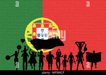 Sostenitore portoghese silhouette di fronte a un muro di mattoni con la bandiera del Portogallo. Tutti gli oggetti, sagome e il muro di mattoni sono in diversi strati. Illustrazione Vettoriale