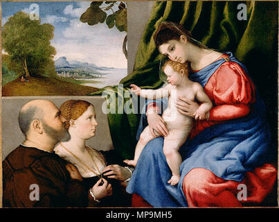 Madonna con il Bambino e due donatori. La Madonna con il Bambino e due donatori . circa 1525-30. 821 Lotto, Madonna col bambino e a causa donatori Foto Stock