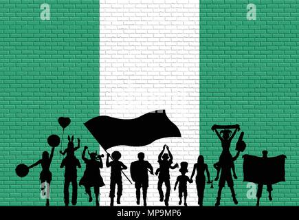 Sostenitore nigeriano silhouette di fronte a un muro di mattoni con la Nigeria bandiera. Tutti gli oggetti, sagome e il muro di mattoni sono in diversi strati. Illustrazione Vettoriale