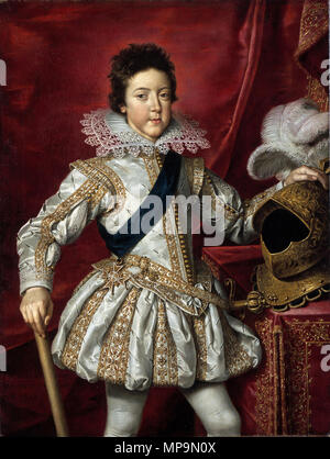 . Luigi XIII di Francia, re di Francia, figlio del re Enrico IV di Francia e Maria de' Medici, sposa di Ana Infanta di Spagna, padre del re Luigi XIV di Francia Luigi XIII. circa 1616. Frans Pourbus il giovane (1569-1622) nomi alternativi Frans Porbus (II), Frans Purbis (II), Frans II Pourbus Frans Pourbus il giovane Descrizione pittore fiammingo, disegnatore e pittore di corte figlio di Frans Pourbus (I) Data di nascita e morte 1569 19 febbraio 1622 Luogo di nascita e morte Anversa Parigi periodo di lavoro tra circa 1590 e circa 1622 sede di lavoro Anversa (1591), Bruxelles (1600), Mantova Foto Stock