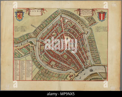2201 F 11, 29-09-2007, 10:56, 8C, 6016x8208 (1911+1245), 100%%%%%%%%%%%%%%%%, BSH Walli, 1/80 s, R50.7, G24.4, B26.6 . Nederlands: Plattegrond van de stad Gouda binnen de singels, ca. 1650. Inglese: Mappa della città olandese di Gouda, ca 1650. Afmetingen: 46 x 62 (binnenkader: 38 x 50). Techniek: koperdruk (ingekleurd) . 1 gennaio 1650. Gio. Blaeu 1009 Plattegrond van de stad Gouda binnen de singels, ca. 1650. Foto Stock