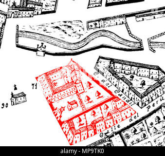 (C) rapporto Entwicklungen GmbH [fus] . Español: Información parcial del plano de Ventura Seco (1738). Señalado en rojo el edificio ya desaparecido del Hospital de la Resurrección de la Ciudad de Valladolid en España. 1738. Nicolás Pérez 1219 Valladolid Ospedale Resurreccion Plano Ventura Seco ni Foto Stock