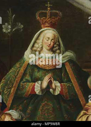 . Inglese: Madre di Dio (del XVIII secolo di scuola portoghese). Raffigurata nel dipinto sono le fattezze di Madre Paula di Odivelas (come la Vergine Maria), il Re Giovanni V del Portogallo (come San Giuseppe, e Infante Giuseppe del Portogallo (come il bambino Gesù). Português: Madre de Deus (Escola portuguesa do século XVIII). Representados nessun quadro estão Madre Paula de Odivelas (no lugar da Virgem Maria), João V (no lugar de São José), e o Infante D. José (no lugar do Menino Jesus). Il XVIII secolo. Del XVIII secolo di scuola portoghese 841 di Madre Paula de Odivelas representada como Nossa Senhora Foto Stock