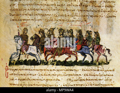 . Inglese: Skyllitzes Matritensis, fol. 30r, dettaglio. Miniatura: l'esercito di Thomas slavo. Riferimenti: Ioannis Scylitzae Synopsis Historiarum. Editio princeps. Rec. Ioannes Thurn, p. 30, in: Corpus Fontium Historiae Byzantinae 5 Series Berolinensis, 1973 Tsamakda V.: la cronaca illustrata di Ioannes Skylitzes in Madrid, p. 70 Grabar A., Manoussacas M.: L'illustrazione du manoscritto de Skylitzes de Madrid, p. 33 . Xii-XIII secolo. dal Medioevo, sconosciuto 841 MadridSkylitzesFol30rDetail Foto Stock