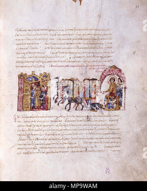 . Inglese: Skyllitzes Matritensis, fol. 37r. Miniatura: la cattura e la punizione di Thomas slavo dall imperatore Michele II. Riferimenti: Ioannis Scylitzae Synopsis Historiarum. Editio princeps. Rec. Ioannes Thurn, p. 40, in: Corpus Fontium Historiae Byzantinae 5 Series Berolinensis, 1973 Tsamakda V.: la cronaca illustrata di Ioannes Skylitzes in Madrid, p. 77 Grabar A., Manoussacas M.: L'illustrazione du manoscritto de Skylitzes de Madrid, p. 37 . Xii-XIII secolo. dal Medioevo, sconosciuto 841 MadridSkylitzesFol37R Foto Stock