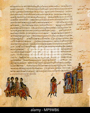 . Inglese: Skyllitzes Matritensis, fol. 96r. Miniatura: Delegazione di croati e serbi per l'imperatore bizantino Basilio I. Testo dalla cronaca di Giovanni Skylitzes: '... Quando le suddette gare di Scyths, croati, serbi e il resto di loro ha visto ciò che era accaduto in Dalmazia come risultato di intervento romano hanno inviato ai delegati di imperatore chiedendo di essere portato in soggezione sotto il dominio romano. Questo sembrava imperatore di essere una richiesta ragionevole; egli li ha ricevuti con amorevolezza e sono diventati tutti i soggetti del governo romano e hanno dato i governatori della propria razza e kin. . Foto Stock