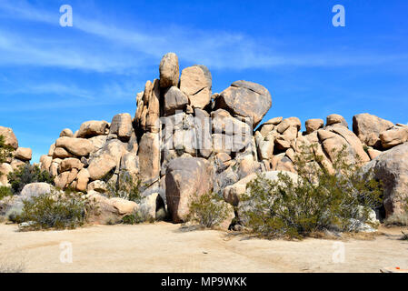 Monzogranite pila di rocce, aplitic vene, molla di quaglia, Joshua Tree National Park, CA 180312 68119 Foto Stock