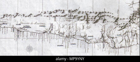 . Español: Mapa de Andrés Baleato, de 1793. Entre paréntesis los lugares Aún no existentes y letra imprenta los puntos más importantes. El 'Reyno de Chile' limita con Perú. Inglese: mappa da Andrés Baleato, 1793. Il 'Reyno de Chile" (Regno del Cile) lungo il confine con il Perù. In stampatello: importanti siti; in parentesi : i siti non ancora esistenti al momento. Deutsch: Karte von Andrés Baleato, 1793. Das 'Reyno de Chile" (Königreich Cile) entlang der Grenze zu Perù. In Druckschrift: wichtige Orte bzw. landschaftliche Merkmale; in Klammern: zur damaligen Zeit noch nicht existierende Ortsc Foto Stock