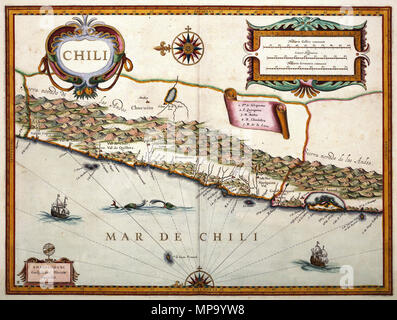 . Nederlands: Willem Jansz. Blaeu (1571-1638) publiceerde deze kaart van chili in zijn appendice atlas uit 1630. De gegevens voor het samenstellen van deze kaart, èn alle andere kaarten van Zuid-Amerika in de l'Atlas, nam Blaeu oltre aan Johannes de Laets (1583-1649) Beschrijvinghe van West-Indien uit 1625. 1630. Willem Jansz. Blaeu (1571-1638) 851 Mappa di Cile da Willem Jansz. Blaeu, 1630 Foto Stock