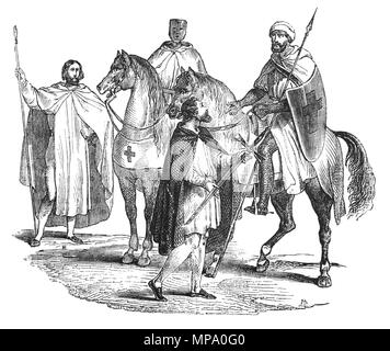 Xi secolo Cavalieri Templari, erano un elite medievale forza di combattimento della loro giornata e altamente qualificati e ben attrezzati e altamente motivati durante le crociate. Ci sono state tre classi entro gli ordini. La classe più elevata era il cavaliere, anche un monaco che indossava vesti bianche. Il montato uomini-at-arms rappresentava la maggior parte classe comune e che sono stati chiamati "fratelli", guarda, stewarda, squirea o altro supporto vocazioni. Il principale sostegno personale, indossavano nero o marrone accappatoi e sono state parzialmente garbed in mail a catena o una piastra posta. Foto Stock