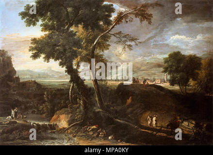 Paesaggio con fiume e figure circa 1720. 854 Marco Ricci - Paesaggio con fiume e figure - WGA19400 Foto Stock