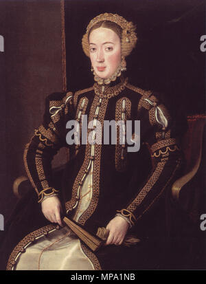 La infanta María de Portugal, Duquesa de Viseu . Español: Retrato de la Infanta María de Portugal (1521-1577), que fue hija del rey Manuel de Portugal y de la reina Leonor de Austria. Inglese: Ritratto di Infanta Maria del Portogallo, duchessa di Viseu, figlia del re Manuel I . tra circa 1550 e circa 1555. 859 Maria von Portogallo, Anthonis Mor Foto Stock
