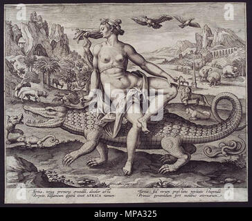 . Inglese: progettato dal pittore fiammingo/artista, Marten de Vos e inciso da Adriaen Collaert. Tra il 1551 e il 1600. Progettato dal pittore fiammingo/artista, Marten de Vos e inciso da Adriaen Collaert. 864 Marten de Vos Adriaen Collaert Africa Foto Stock
