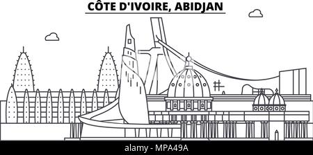 C te D avorio, Abidjan skyline di linea illustrazione vettoriale. C te D avorio, Abidjan paesaggio urbano lineare con famosi luoghi di interesse e attrazioni della città, il vettore design landscape. Illustrazione Vettoriale