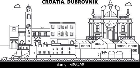 Croazia, Dubrovnik skyline di linea illustrazione vettoriale. Croazia, Dubrovnik paesaggio urbano lineare con famosi luoghi di interesse e attrazioni della città, il vettore orizzontale. Illustrazione Vettoriale