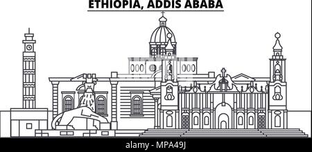 Etiopia, Addis Abeba skyline di linea illustrazione vettoriale. Etiopia, Addis Abeba paesaggio urbano lineare con famosi luoghi di interesse e attrazioni della città, il vettore orizzontale. Illustrazione Vettoriale