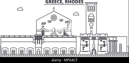 Grecia RODI skyline di linea illustrazione vettoriale. Grecia RODI paesaggio urbano lineare con famosi luoghi di interesse e attrazioni della città, il vettore orizzontale. Illustrazione Vettoriale