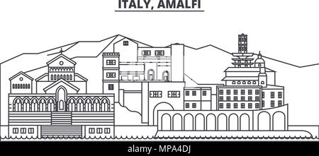 Italia Amalfi skyline di linea illustrazione vettoriale. Italia Amalfi paesaggio urbano lineare con famosi luoghi di interesse e attrazioni della città, il vettore orizzontale. Illustrazione Vettoriale