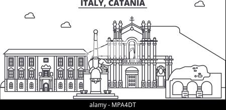 L'Italia, Catania skyline di linea illustrazione vettoriale. L'Italia, Catania paesaggio urbano lineare con famosi luoghi di interesse e attrazioni della città, il vettore orizzontale. Illustrazione Vettoriale