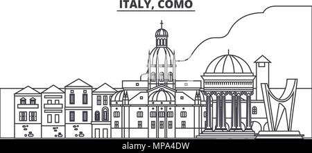 L'Italia, Como skyline di linea illustrazione vettoriale. L'Italia, Como paesaggio urbano lineare con famosi luoghi di interesse e attrazioni della città, il vettore orizzontale. Illustrazione Vettoriale