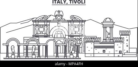 L'Italia, Tivoli skyline di linea illustrazione vettoriale. L'Italia, Tivoli paesaggio urbano lineare con famosi luoghi di interesse e attrazioni della città, il vettore orizzontale. Illustrazione Vettoriale