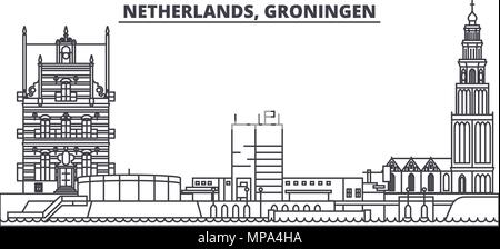 Paesi Bassi, Groningen skyline di linea illustrazione vettoriale. Paesi Bassi, Groningen paesaggio urbano lineare con famosi luoghi di interesse e attrazioni della città, il vettore orizzontale. Illustrazione Vettoriale